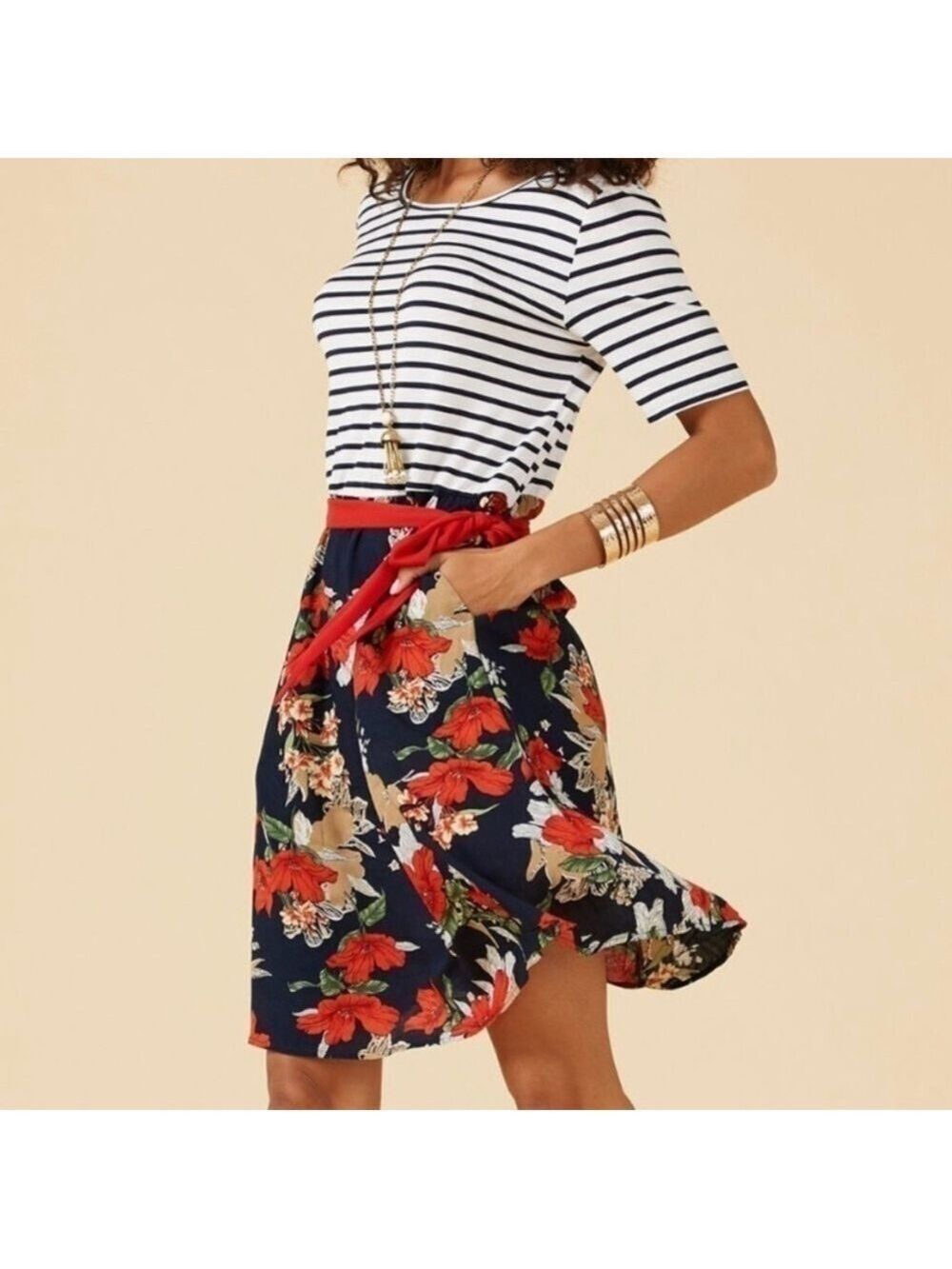 SUZANNE BETRO Dark Floral Stripe Knit Dress